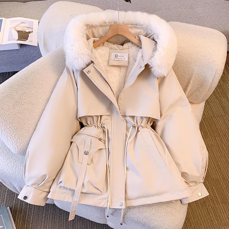 Abnehmbarer Parka 2024 mit Pelzbesatz für Damen: Schlankmachende Baumwolljacke, Plus Samt, dicker Wintermantel