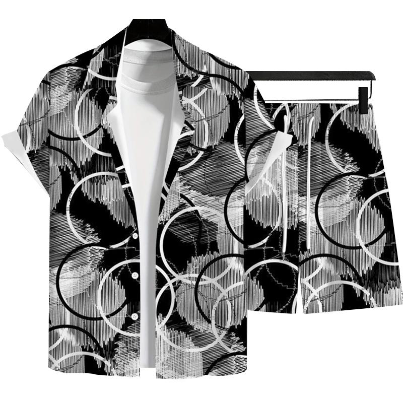 Fashion Men's Summer Holiday Style Hawaiian Coconut Beach Printed Casual Comfort Short Sleeved Shirt Beach Shorts 2-piece Set