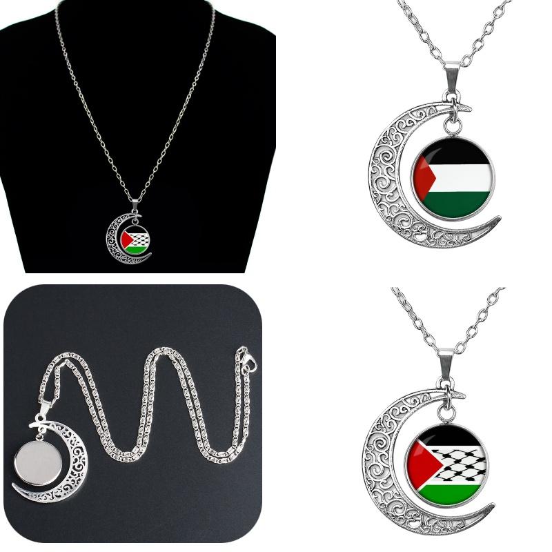 Palestine Gaza Women Flag Alloy Pendant Necklace Hollow Moon Accessory Sweater