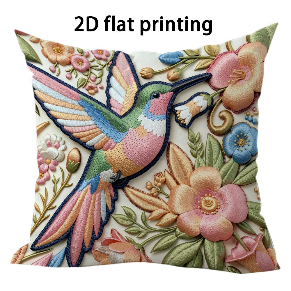 Hummingbird Flower Texture Doublesided Printed Pillow Cover Short Plush Suitable Living Room Bedrooms Sofas Throw Cushion Cover