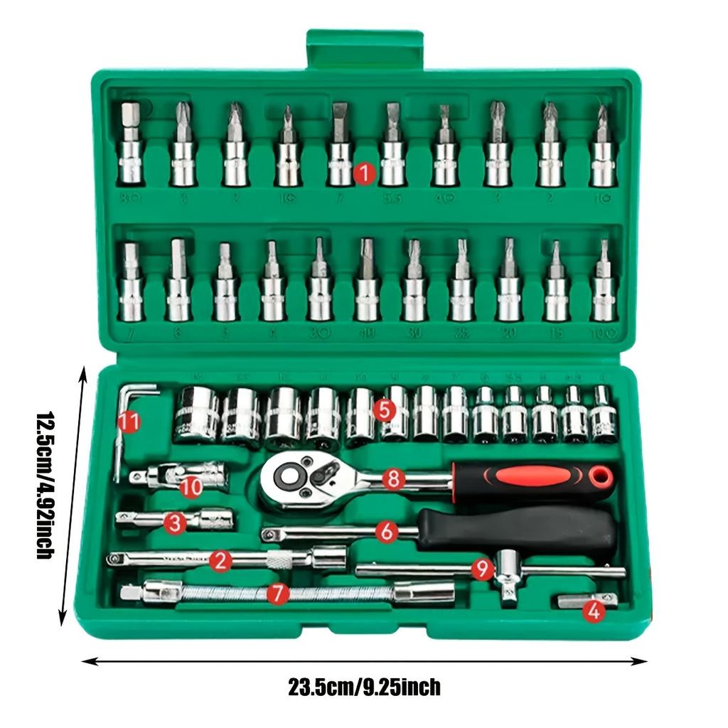 46-teiliges Steckschlüssel-Set, 1/4 Zoll, Ratschenschlüssel-Set mit metrischen Sechskant-Bit-Steckschlüssel-Set, Mechaniker-Werkzeug-Kits für Autoreparaturhäuser