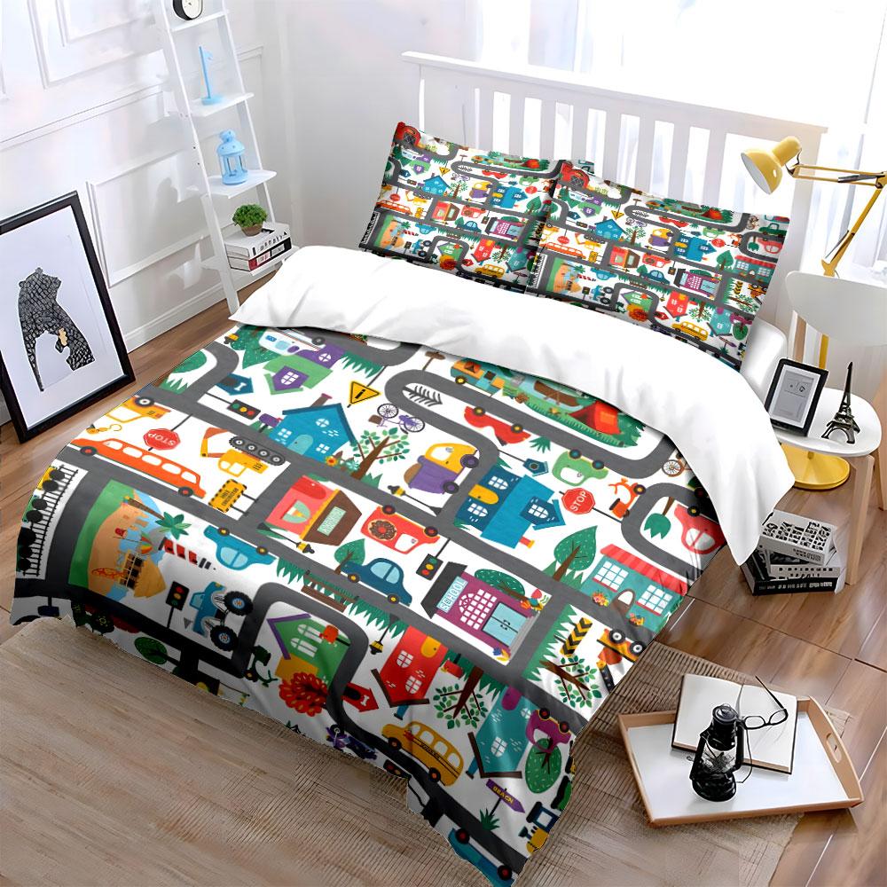 Colorful Road Playmat Set Soft Skin-Friendly Bedding Set Includes 1 Duvet Cover And 2 Pillowcase Gift