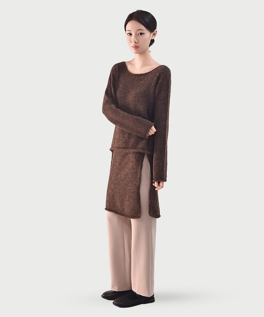 Keulleiseu Knit Layered Skirt 2-Piece Set_Brown