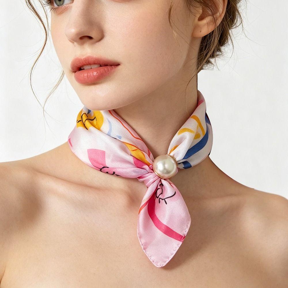 Lightweight Silk Scarf Breathable Printed Neck Scarf Accessory Pearl Buckle Scarf  Female