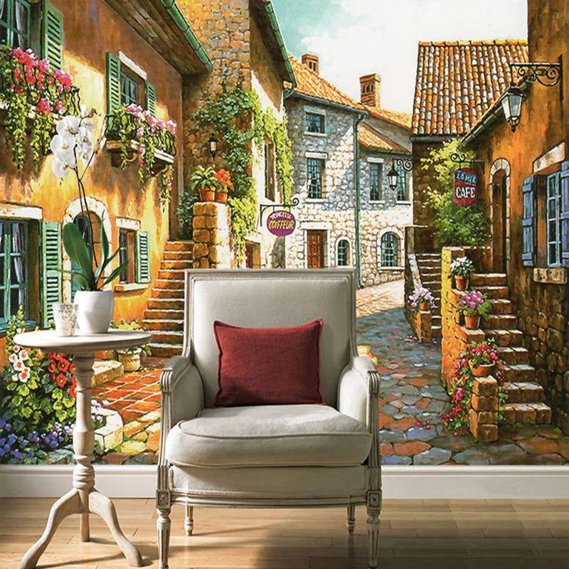 Pastoral Stad Fototapet Vintage Hus Väg Blomma Mural För Vardagsrum TV Soffa Bakgrund Tapet