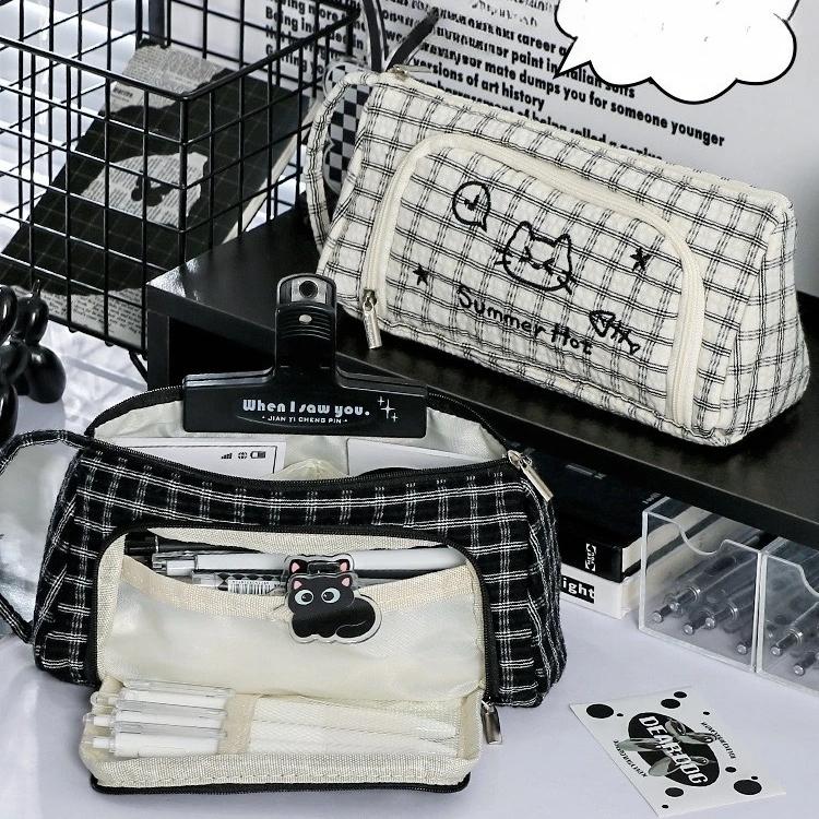 Cute Plaid Cat Pencil Case for Kids Boy Girl Cartoon Large Capacity Multi-Layer School Stationery Bag Students Supplies Gift