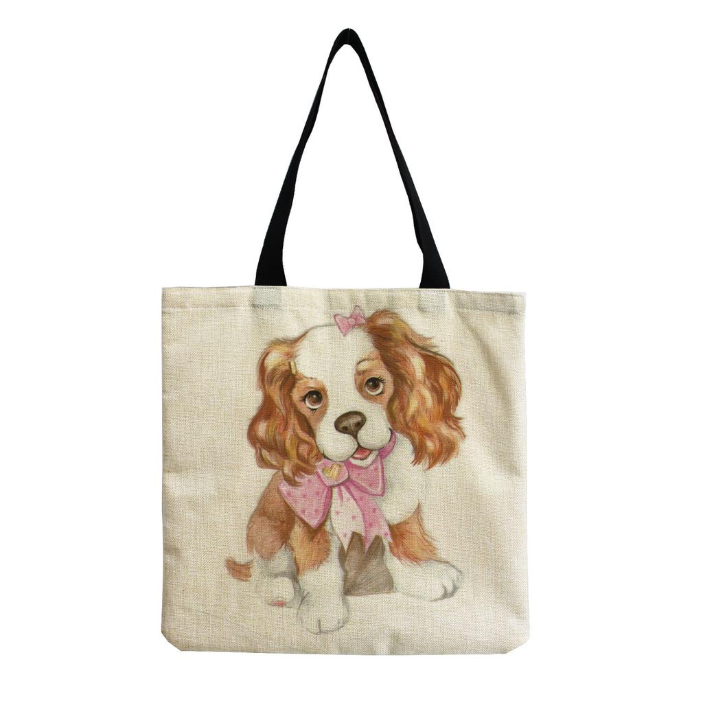 Women Vintage Linen Tote Bag - Large Capacity Dog Print Shoulder Handbag for Casual & Grocery Shopping KTB