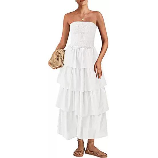 Lady Strapless Dress Off Shoulder Backless Sleeveless Beach Dress Layered Ruffle Scattered Hem