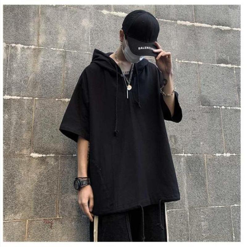 Summer Men's Short Sleeve T-shirt Hooded Half Sleeve Sweater Student Solid Hoodie Men