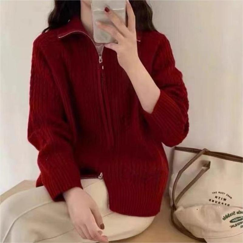 Damen Herbst und Winter Doppelreißverschluss Einfarbig Twist Strick Cardigan Pullover
