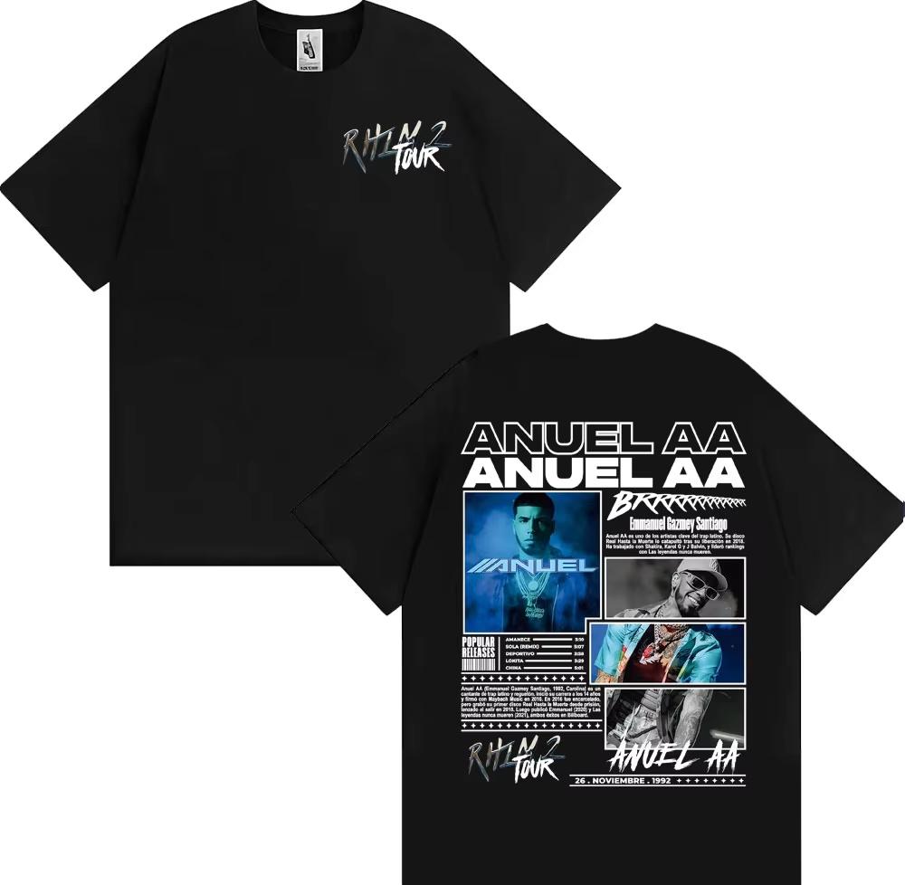 Camisetas de gira del álbum Rapper Anuel AA Rhlm 2 Primavera Verano 2026 Moda Masculina Hip Hop High Street Cuello Redondo Manga Corta Top Unisex