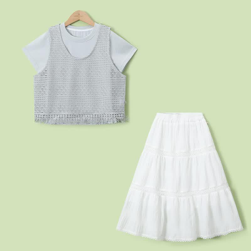 Montagut Girls' Summer Retro Three-Piece Skirt Set