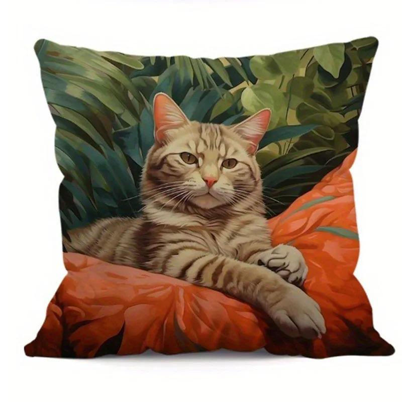 Home Decor Cute Cats In Floral & Leafy Garden Pillow Covers Pattern Cushion Cover Suitable For Sofa Bedroom Car Pillow Cover