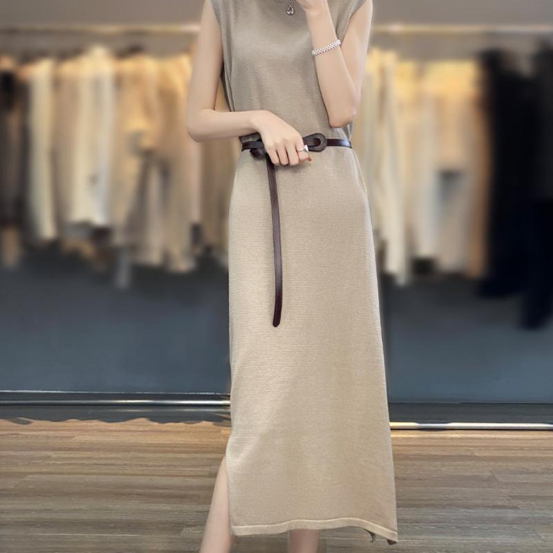 Pure Cotton Thread Long Over-knee Sleeveless Knitted Dress for Women's Summer Round Neck Mid-length Inner Layer Bottom Slit Long Skirt