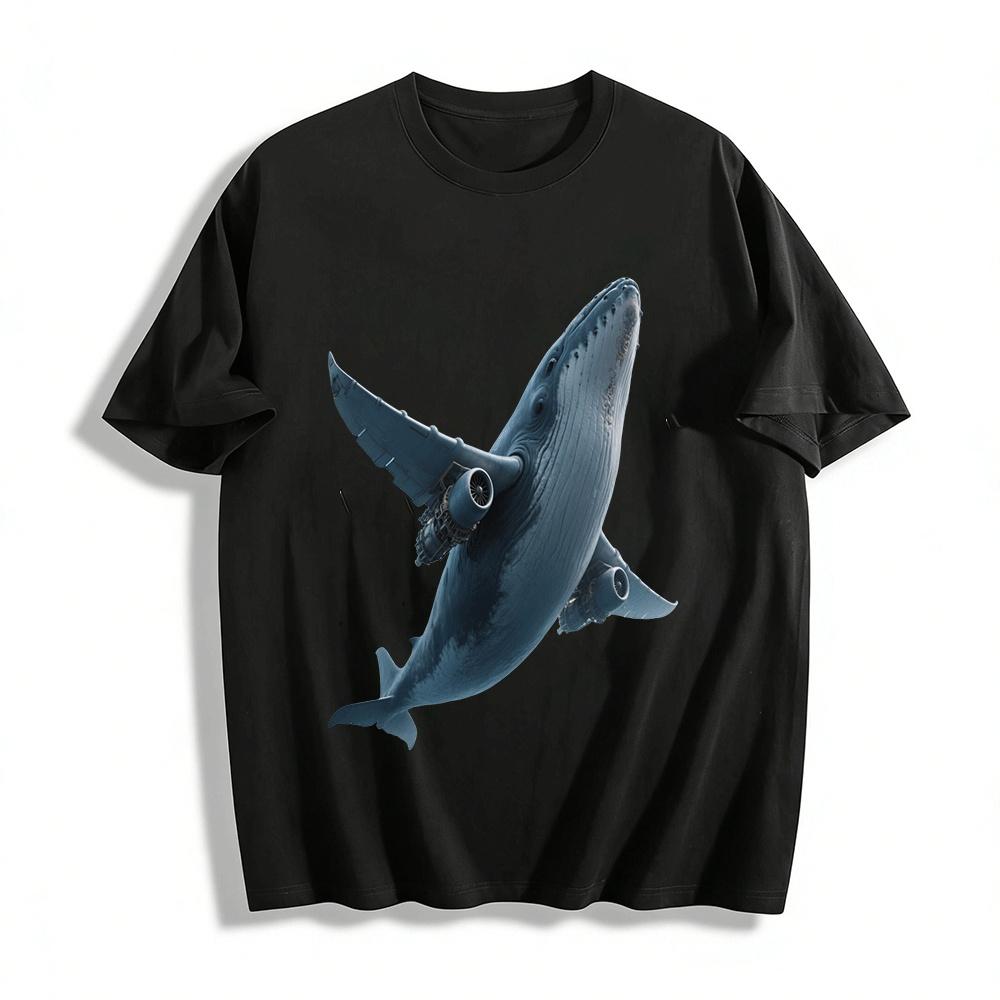 Mechanical Flying Whale Print Trendy Casual Short Sleeve T-Shirt Pure Cotton T-shirt