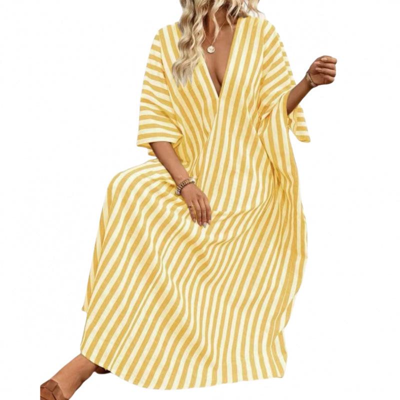 European & American Summer 2026 V-neck Striped Loose Casual Beach Dress