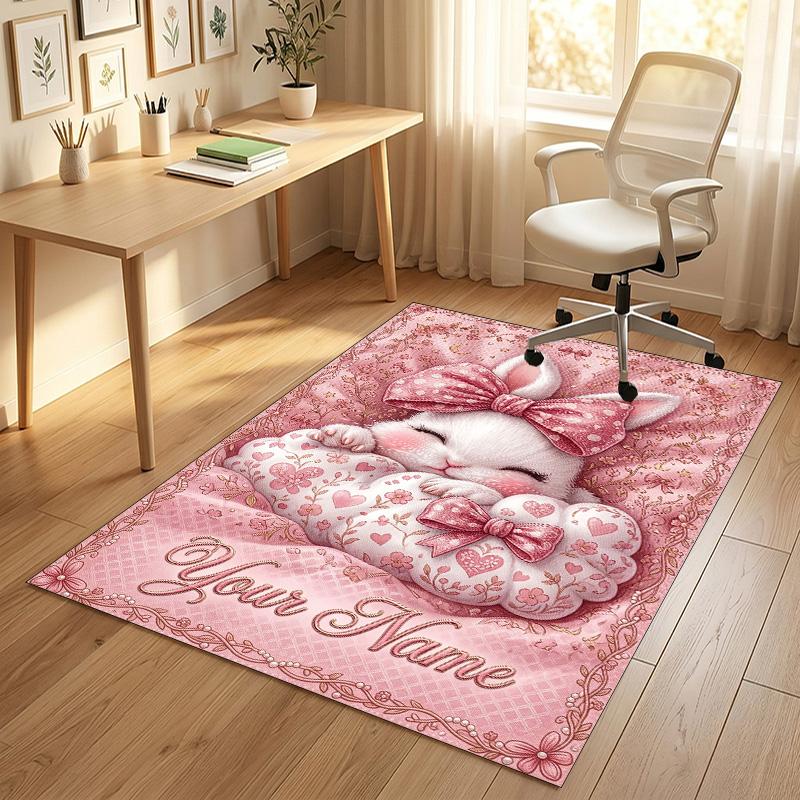 Easter Bunny Theme Crystal Velvet Rug Personalized Custom Name Text Soft Floor Mat Home Decor