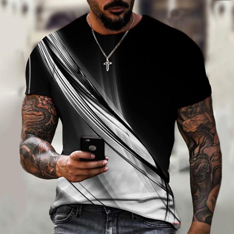 Men'S 3D Color Bar Printed Short Sleeve Personality Trend Casual Sports Crew Neck T-Shirt