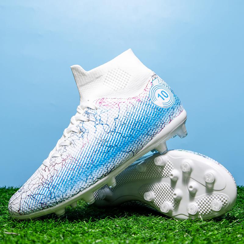 Unisex Football Boots Fashion Lightning Pattern High Top AG Spikes Lace Up High Elastic Socks Training Artificial Grass Kids Football Boots