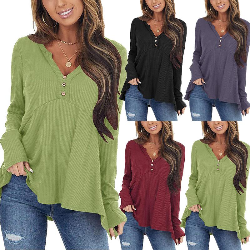 Autumn and Winter New Female Button V-neck Long-sleeved Sweater Loose Bottoming Shirt
