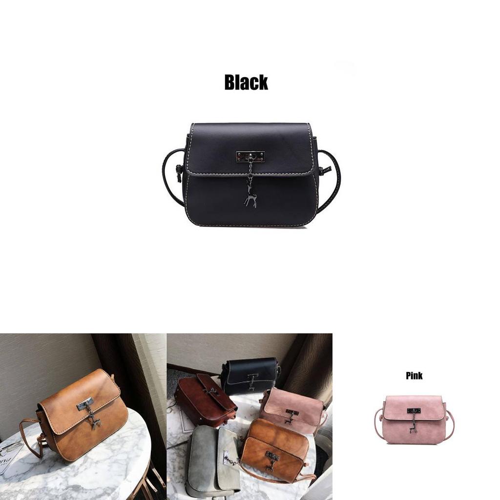Retro Solid Color Deer Pendant Saddle Bag Crossbody Shoulder Bag Pu Square Bag