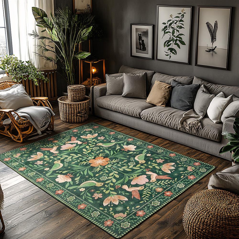 Dunkelgrüner Teppich mit Blumen- und Vogelmuster, Teppich im Bohemian-Gartenmuster, rutschfest, mit rosa Akzent, Wohnzimmer-Matte für Natur-Heimdekoration