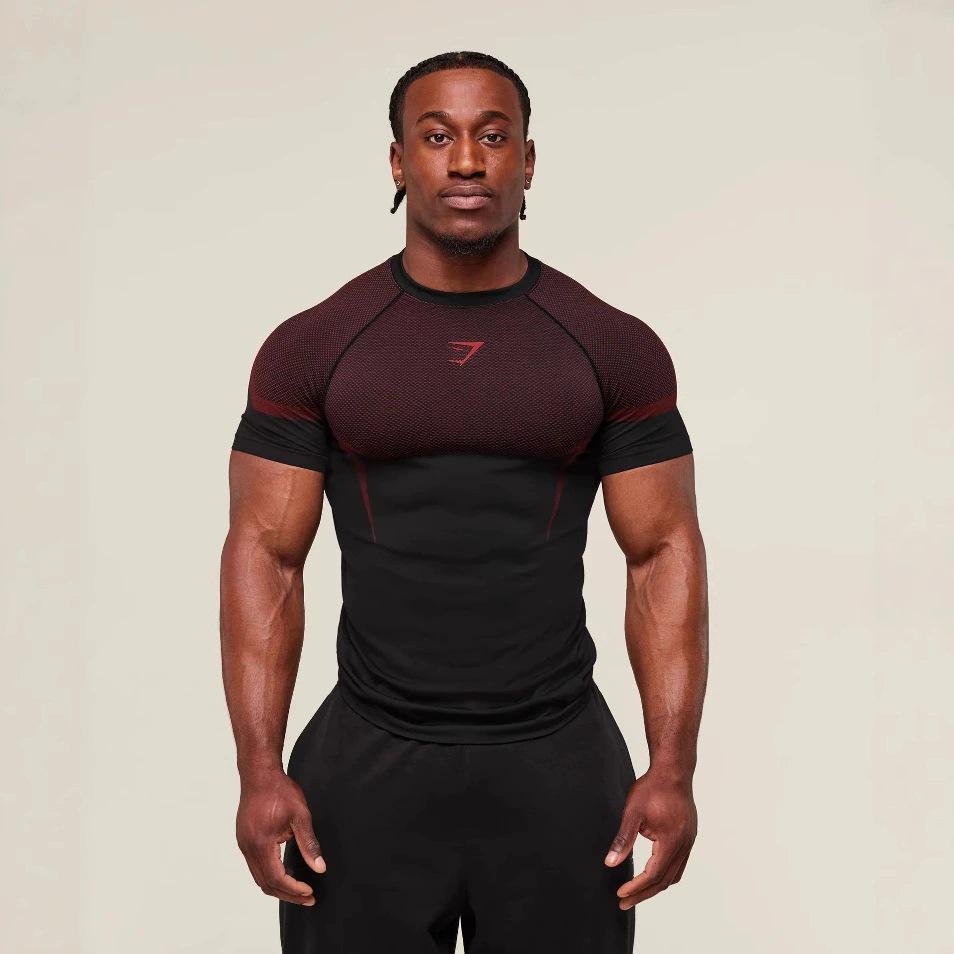 GYMSHARK Męska oddychająca koszulka kompresyjna szybkoschnąca, koszulka z krótkim rękawem podkreślająca mięśnie