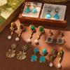 New Russian Gold Ear Jewelry Retro Exaggerated Turquoise Earrings Geometric Shell French Court Style Stud Earrings