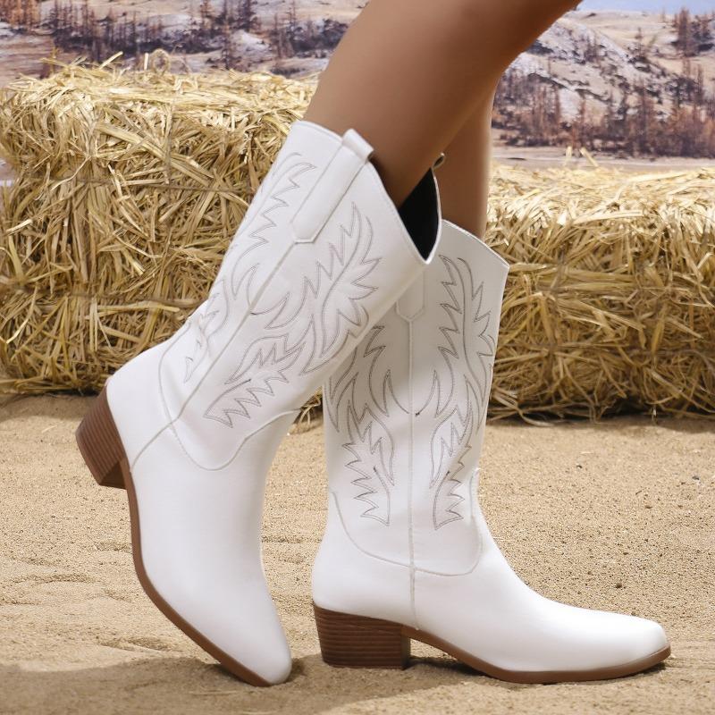 Damen Mid-Calf Stiefel Hochwertige Lässige Lederstiefel Spitz Bestickt Western Cowboy Stiefel für Damen Vintage Ritterstiefel