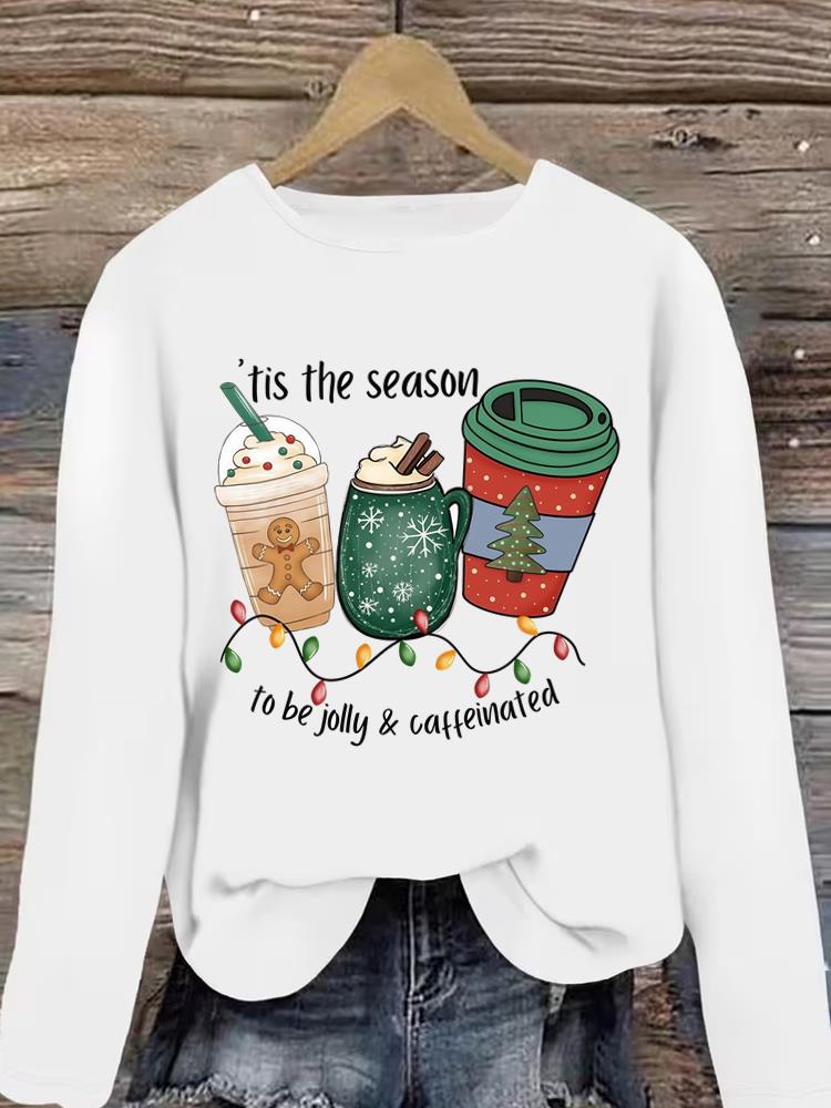 (Asian Size) lovely coffee style Christmas new year Graphic Tee Women autumn winter Casual Fashion Top Clothing Print T Shirt Long Sleeve T-shirts