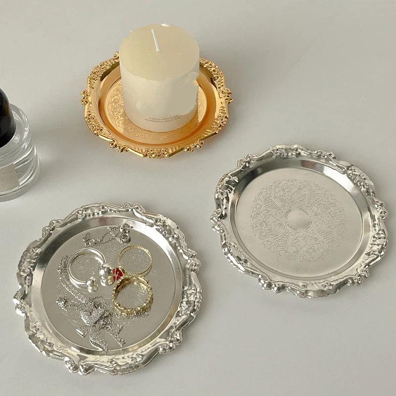 Retro Luxury Stainless Steel Plates Cake Dessert Tray High Tea Snack Fruit Dish Jewelry Storage Tabletop Decor Home Supplies