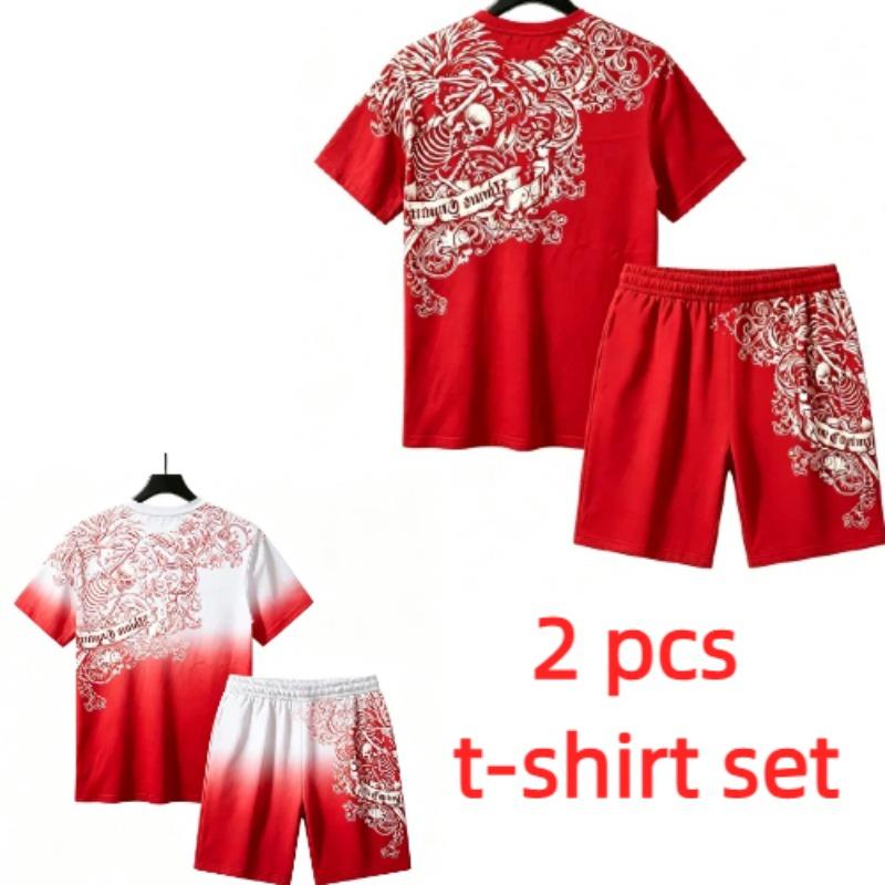 Summer Fashion European and American Street Men's Short Sleeved T-shirt Shorts Set 3D Letter Skull Print Men's and Women's Loose Casual Sports Suit