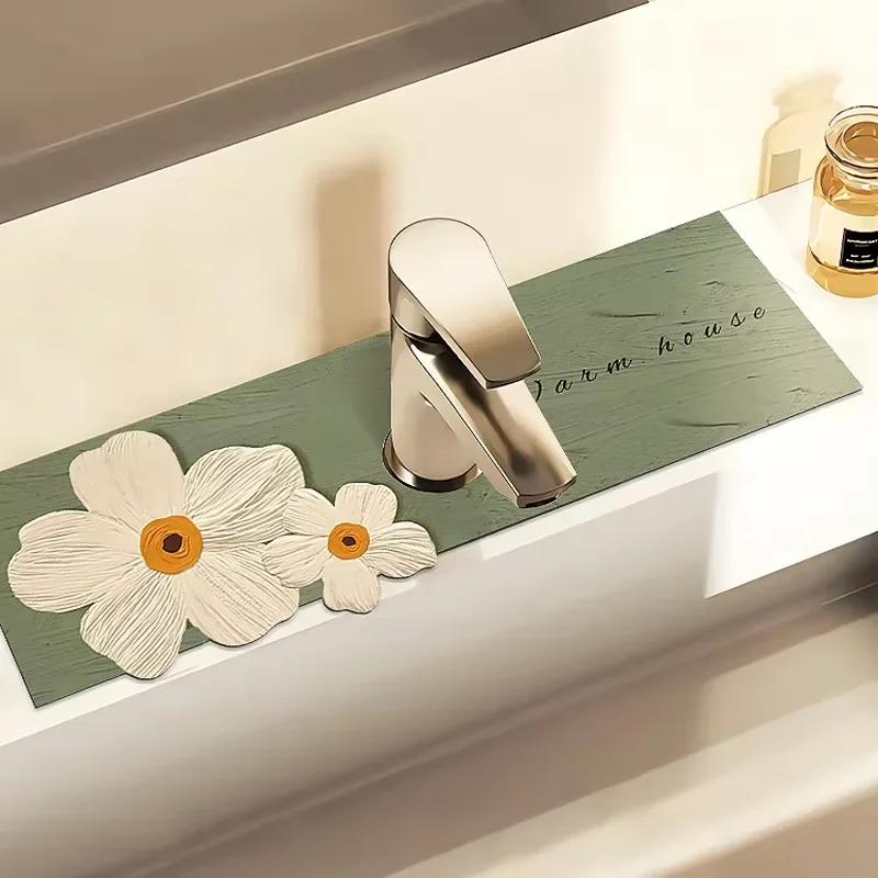 VIKAMA Luxury Floral Diatomaceous Earth Faucet Mat Water-Absorbing Sink Splash Guard Drip-Proof Bathroom Accessory Home Decor