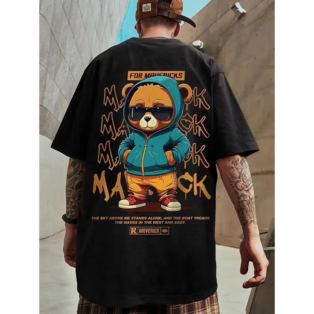 Cotton Fashion Bear Pattern Printed Men's T Shirt Round Neck Loose Tops Breathable Comfortable Casual Oversized Redtube
