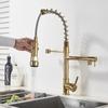 Zwarte Uittrekbare Keukenkraan Warm Koud Water Mengkraan Zwanenhalskraan met Dubbele Uitloop 360 Rotatie Hoge Kraan Dekmontage