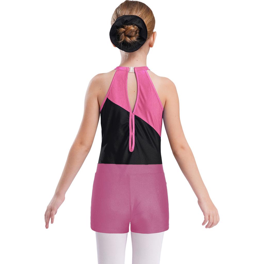 Girls Gymnastics Training Set Sleeveless Rhinestone Patchwork Leotard V Front Waistband Shorts Hair Band