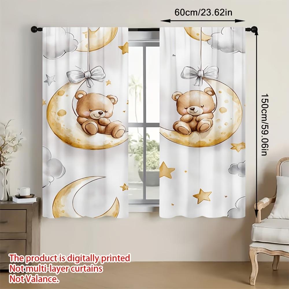 2 Stück Digitale Druckvorhänge mit Cartoon-Teddybär auf dem Mond, Muster aus Sternen, Wolken und Schleifen, Aquarell-Stil für Kinderzimmerdekoration