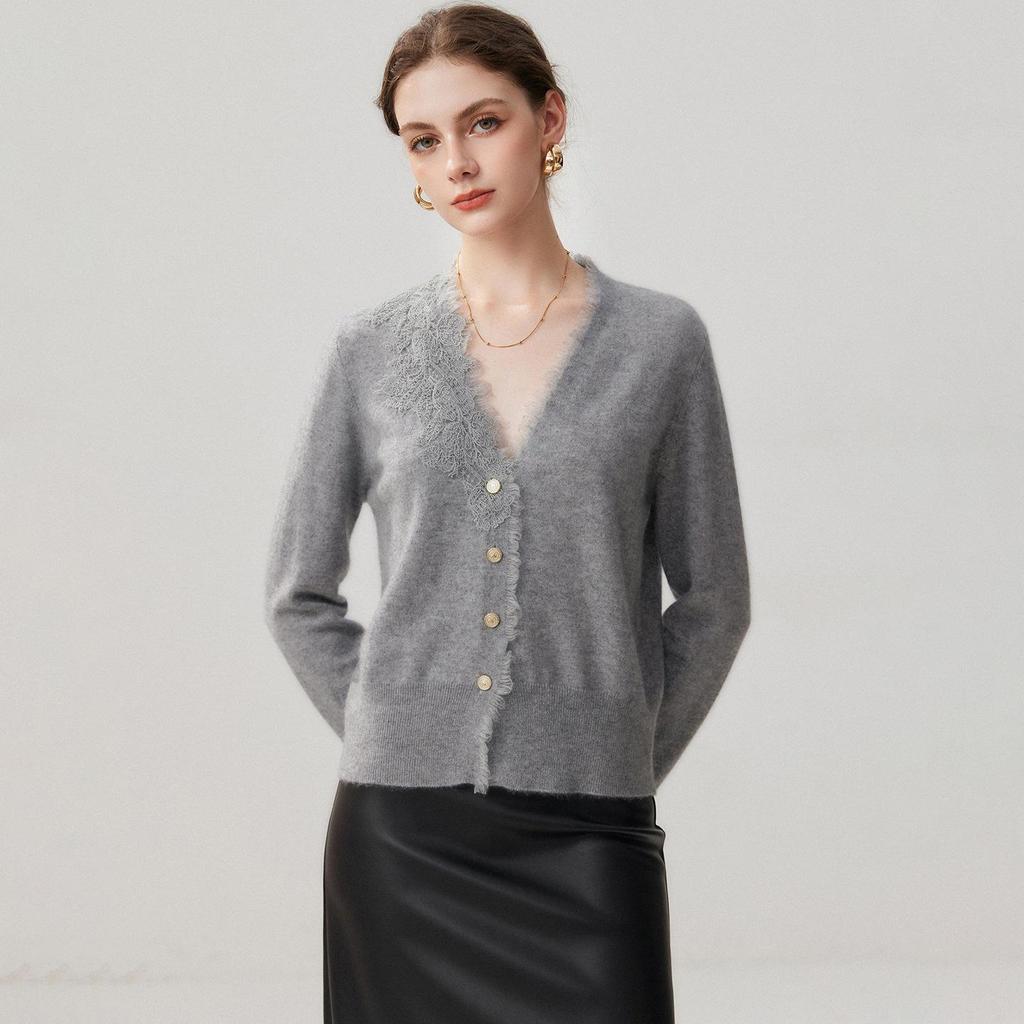 Women's Cashmere V-Neck Patchwork Lace Trim Cardigan