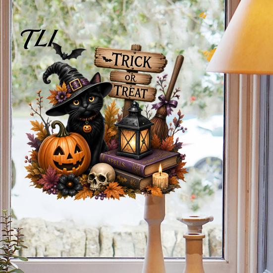 Static Cling Decals Halloween Witch/Black Cat Glass Stickers, Double-sided PVC Waterproof Window Clings, Removable Decor with Pumpkins Skulls