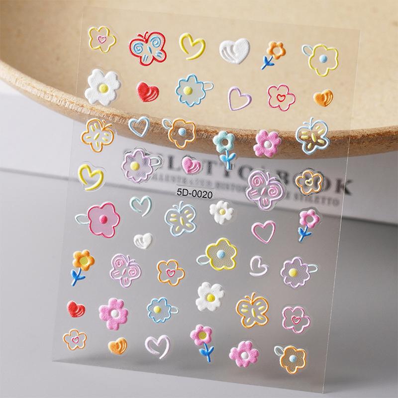 Autocollants pour ongles en relief colorés à la dopamine, motif dessin animé, motif fleur rose, style mignon, décoration pour ongles, DIY