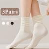 3 Pairs/lot Women Ruffle Lace Cute Socks Polyester Cotton Loose Autumn Winter Knitting Solid Color Long Breathable Mid Tube Sock
