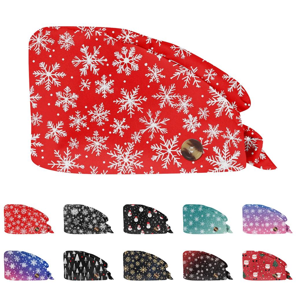 Christmas Snowflake Print Scrub Cap with Button Adjustable, Breathable, and Comfortable for All-Day Wear