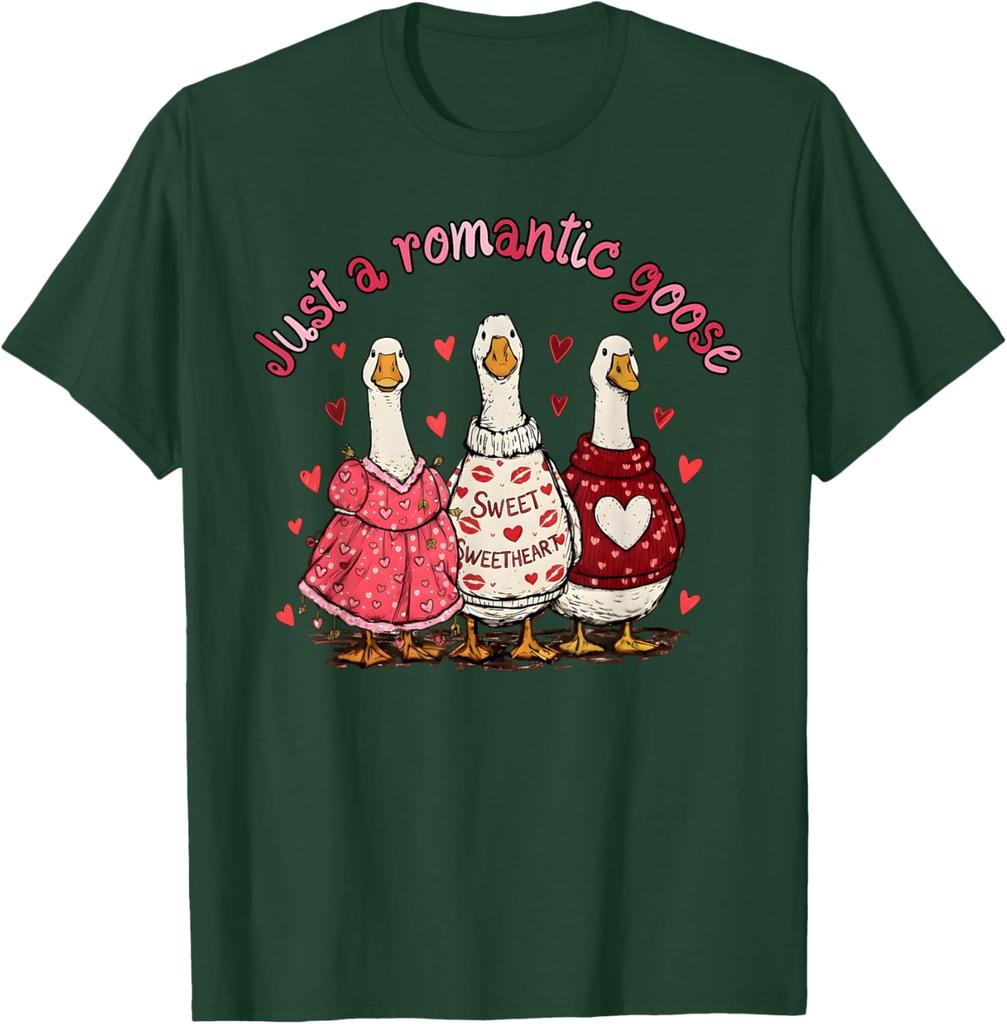 Romantic Goose Valentine Day Funny Goose Graphic Tee Casual Cotton Short Sleeve T-Shirt