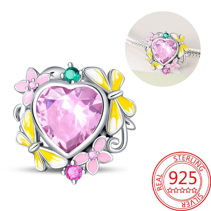 copper Sparkling Pink Heart Charm Pendant Bead Charms Compatible With Authentic Bracelets for Women Valentine Day Jewellery Gifts