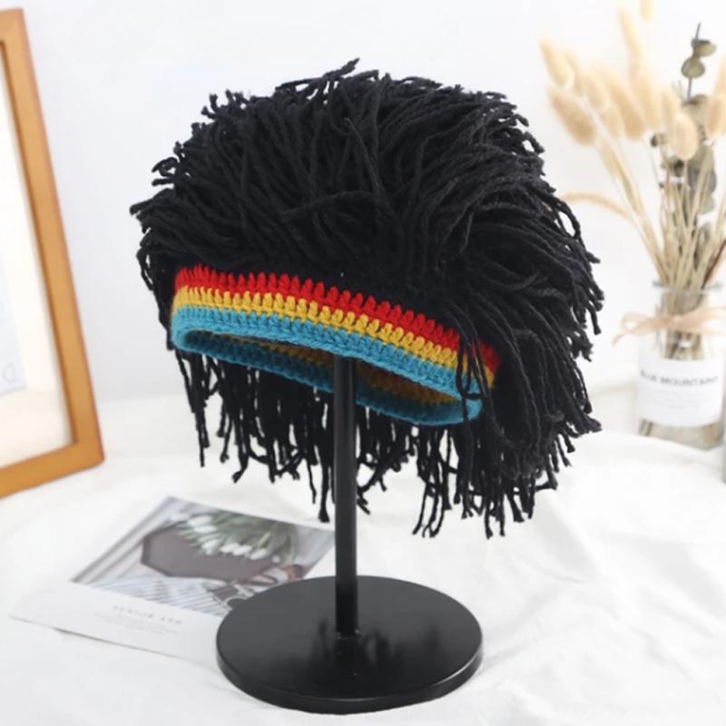 Wig Beanie Caps For Men Handmade Crochet Winter Warm Hat Halloween Cosplay Cap Holiday Birthday Gifts Funny Party Balaclava