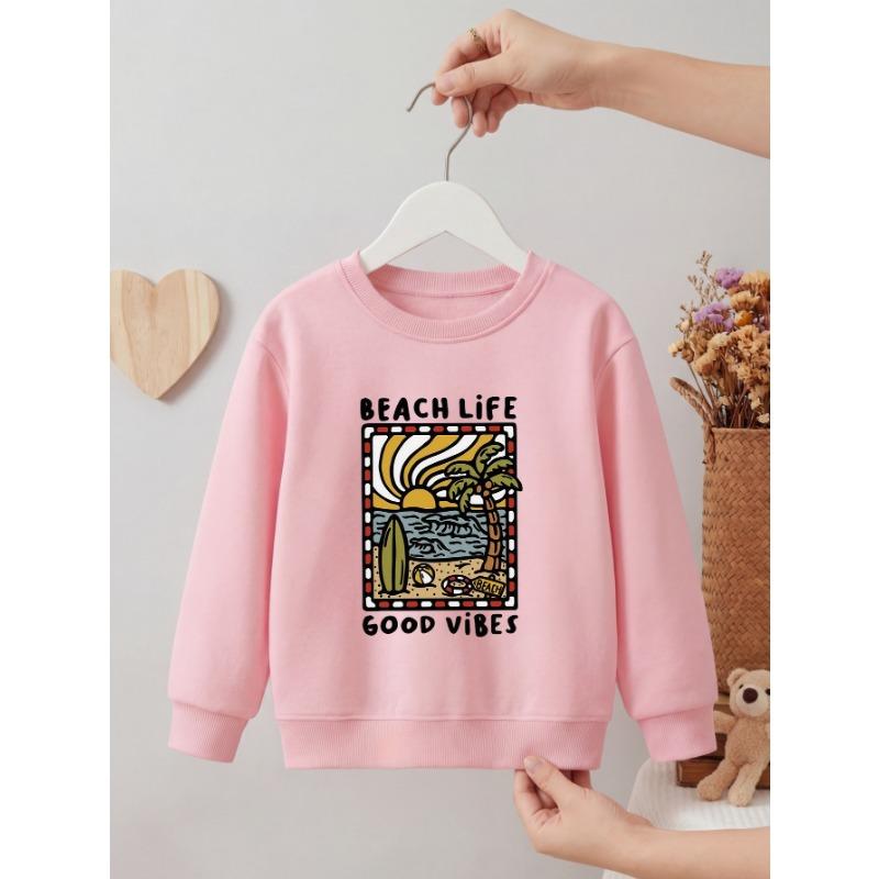 Kids Unisex Crewneck Sweatshirt, Retro Beach Palm Tree Surfboard Print With Slogan "BEACH LIFE GOOD VIBES" Light Gray Soft Fleece Pullover