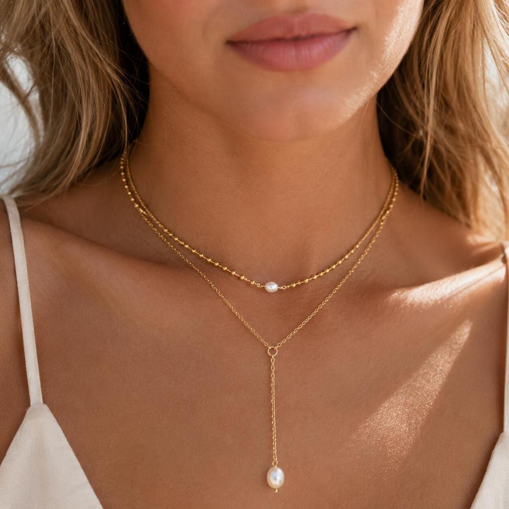 Pearl Y Necklace, 18K Gold Plated Stainless Steel, Waterproof Tarnish Free Lariat Choker Layering Jewelry Gift for Her