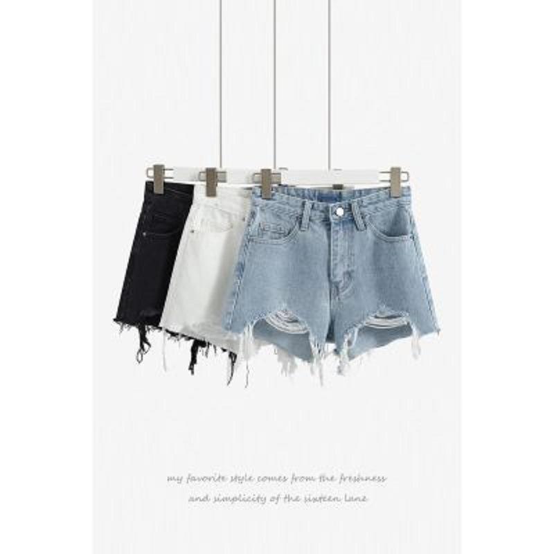 Casual High Waist Denim Shorts Women Summer Pocket Tassel Hole Ripped Jeans Short Female Femme Short Pants Women