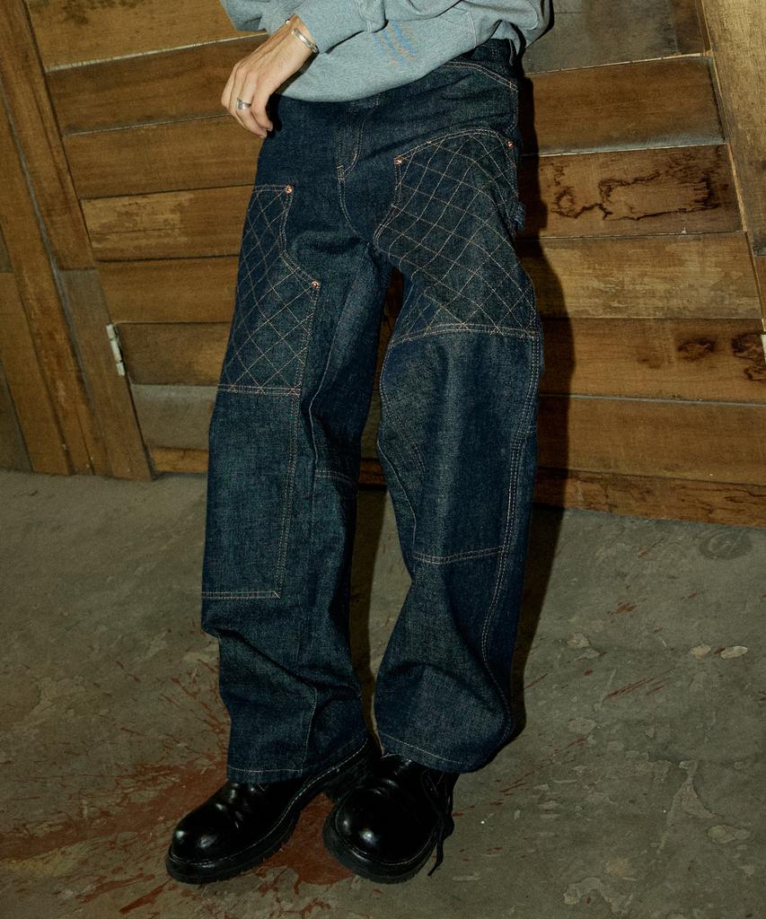 MAGOODGAN Farburn 7548 Double Knee Carpenter Wide Fit Navy Stitch Non-Fade Denim Pants