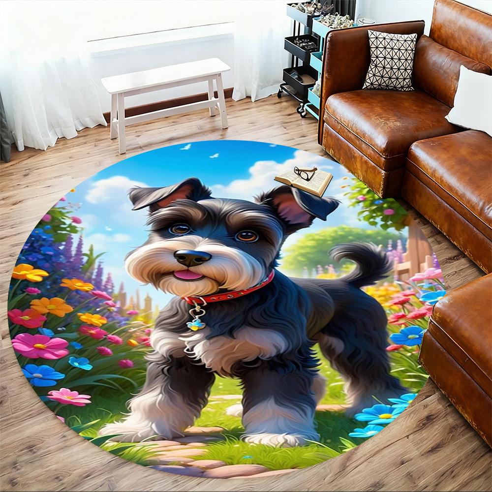 1PC Garden Dog Schnauzer Round Chair Mat Area Rug - Non-Slip, Floor Mat for Office, Bedroom, Home Decor Christmas Gift C0528050